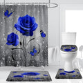 Royal Blue Rose Shower Curtain Set 4Pcs Floral Flower Butterfly Gray Grey Navy Antique Elegant Bathroom Curtains Toilet Lid Cover U Shaped Mat Non-Slip Rug Fabric Polyester 60x72 Inch - color: Royal Blue