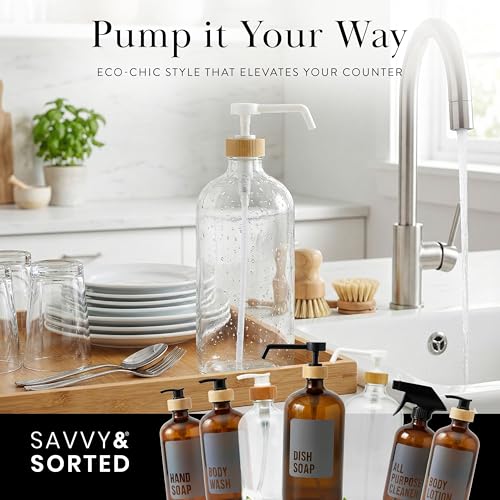 SAVVY & SORTED Glass Dish Soap Dispenser for Kitchen Sink 1 Liter, Hand Soap Dispenser for Bathroom, Refillable Clear Glass Bottles with White Bamboo Pump for Liquid Hand Wash, 34 Fl Oz - color: Clear Bottle - 1 Ltr