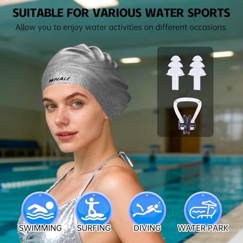 WHALE Extra Large Swim Cap Designed for Men and Women with Thick, Long Hair, Hair Extensions Or Afro-Textured Hair Long-Hair Swim Cap Highly Waterproof to Keep Hair Dry - color: Grey