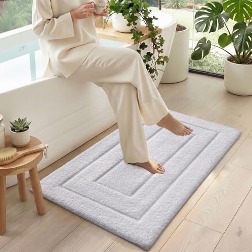 DEXI Bathroom Rug Set 2 Piece 32x20, Non Slip Washable Bath Mat for Shower Floor, Absorbent Soft Bathmat with Rubber Backing, Quick Dry Microfiber Carpet, White