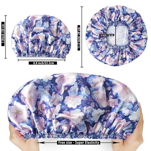 4 PCS Shower Cap for Women, Elastic and Reusable Bath Caps, Double Layers Shower Caps Reusable Waterproof, Bathing Shower Caps, Environmental Bath Hair Protection Cap - Printing Flower D - color: Printing Flower D