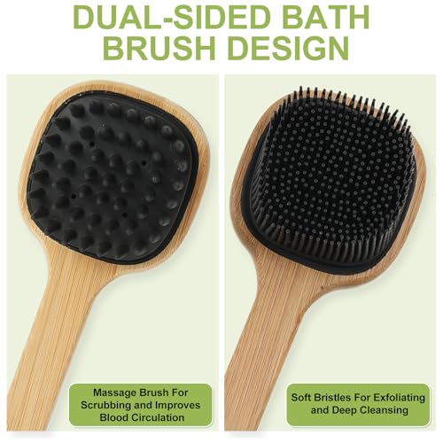 Silicone Back Scrubber for Shower, 2PCS Silicone Bath Body Brush Loofah with Long Handle, Dual-Sided Shower Brush for Body, Black Exfoliating Body Scrubber for Men Women, Back Washer for Men with Hook - size: black+black-2pcs