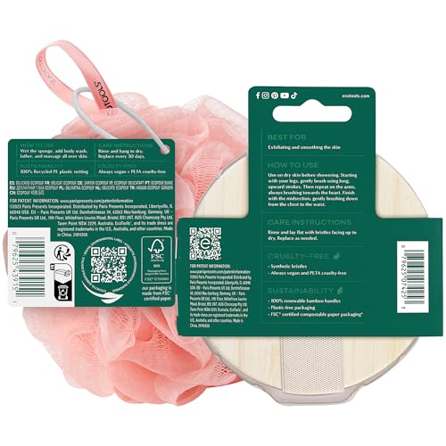 EcoTools Dry Body Brush for Circulation, Dead Skin Removal + Pink Delicate EcoPouf Made with Recycled Netting for Cleansing & Exfoliating Sensitive Skin, Self-Care Gifts - color: Pink