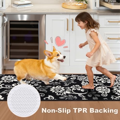 LOKHOM Boho Kitchen Rugs Sets of 3, Non Slip High-Low Textured Kitchen Mats for Floor with Rubber Backing, Paisley Floral Washable Carpet Runner for Hallways Entryway Laundry Sink (Black & White) - color: Black, size: 24"x35"+24"x48"+24"x60"