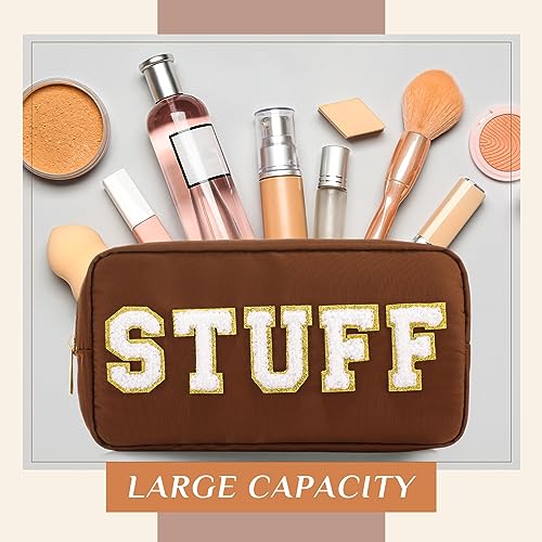 Preppy Makeup Bags Chenille Letter Stuff Bag Nylon Cosmetic Pouch Cases with Zipper for Women Travel Toiletry(Brown Set,Classic,4 Pcs) - color: Brown Set, size: Classic