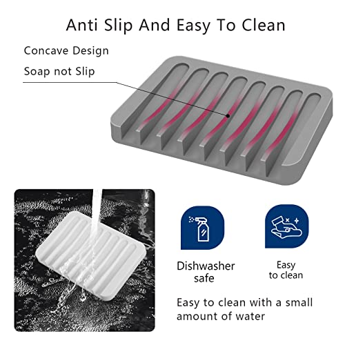2PCS KAJUDA Self Draining Soap Dishes, Premium Silicone Soap Holder & Saver for Shower, Bathroom, Bath Tub, Razor, Sponges, Bar Soap Dish to Keep Soap Dry, Can Extend Soap Life, Easy Clean (Grey) - color: Grey