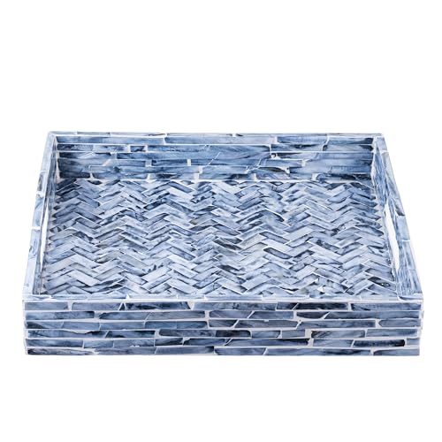 PEMAR 12.2" Square Serving Tray Mother of Pearl Nacre Wood Lap Ottoman Tray for Coffee Table, Luxury Decorative Handmade Eating Platters w Insert Handles (Midnight Blue Herringbone) - color: Midnight Blue Herringbone
