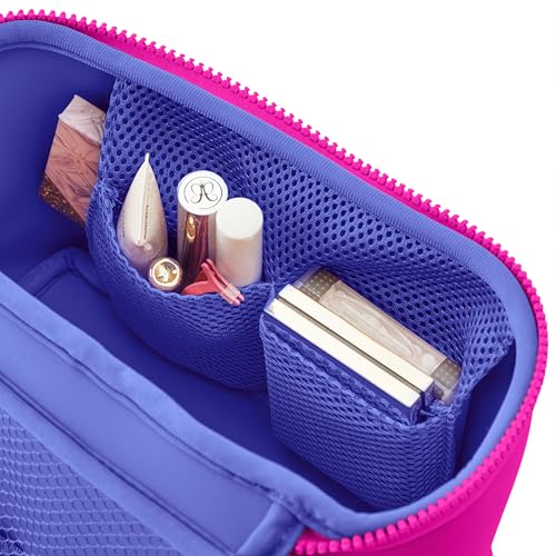 KUSSHI Neoprene Train Case Makeup Bag - Washable Makeup Travel Bag & Vanity Case for Stress Free Travel (Small, Pink/Indigo) - color: Pink/Indigo, size: Small