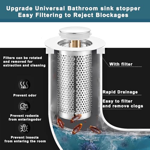 Bathroom Sink Stopper 2Pcs,Sink Drain Strainer,Hair Catcher with Removable Stainless Steel Filter Basket,Universal Sink Plug,Suitable for Most Sinks,Washbasin,Bathtubs