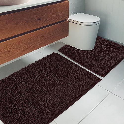 Bathroom Rugs Chenille Bath mat 2 Piece Set, Super Absorbent, Strong PVC Non Slip Backing, Bath mats for Bathroom, Plush Shaggy, Thick, Machine Washable, Bathtub, Shower, Toilet.(Brown) - color: Brown, size: 20''×20''U-Shape+20''×32''