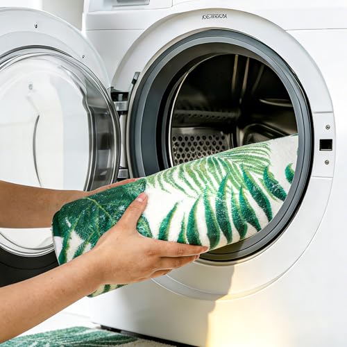 Green Bathroom Rug Set 3 Piece Palm Leaf Bathroom Rugs Set with U-Shaped Mat Green Leaves Bath Mat with Unique Leaf Shaped for Bedroom Floor Living Room Machine Washable