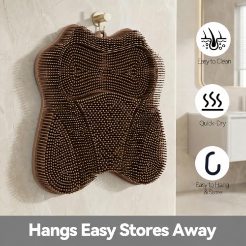 OZNER Silicone Shower Foot Scrubber Mat,Back Washer Bath Wash Pad Exfoliating & Massage, Wall Mounted Slip Strong Suction Cups for Use in Cleaner Men and Women (Brown) - color: Brown