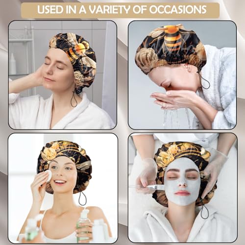 2 PCS Shower Cap Adjustable Reusable Double Waterproof Layer Elastic Hair Bath Cap Cute Aesthetic for Women Girls-Cat Bee - color: I12-Cat Bee