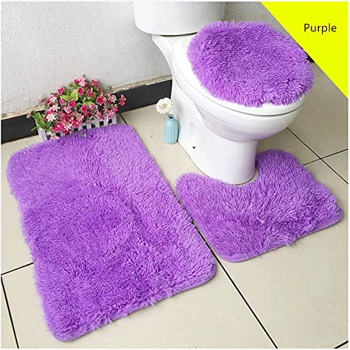 XZJMY 3 Pieces Bathroom Rugs Set,Bath Mat, Non Slip and Absorbent Mats,Floor Mat,U-Shaped Contour Rug and Toilet Lid Cover for Tub Shower & Bath Room,Purple (Purple) - color: Purple