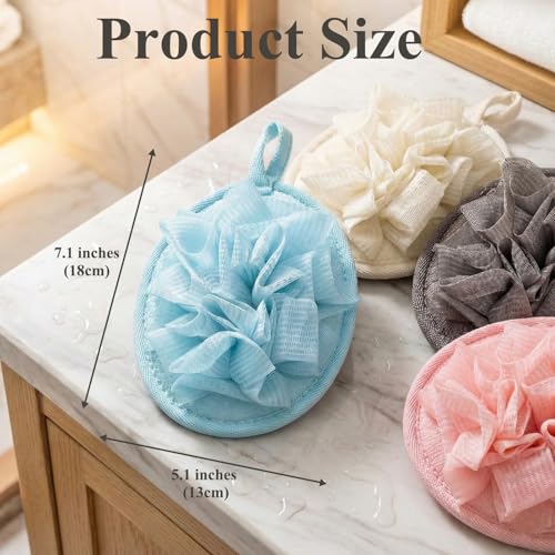 4 Pack Shower Loofah for Women, Washable Travel Loofah Set, Mesh Body Scrub Bath Pouf Sponge Pad