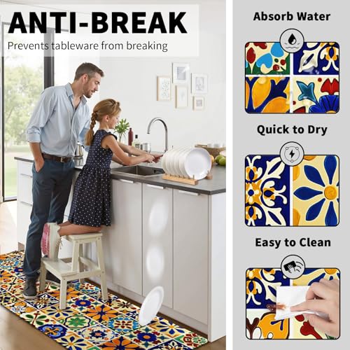 Colorful Rugs for Kitchen Floor 2 Pcs Boho Ceramic Washable Runner Rug Non Slip 17"x47"+17"x30", Mexican Tile Print Comfort Kitchen Floor Mat for Bathroom Laundry Office Decor - color: Colorful Ceramic