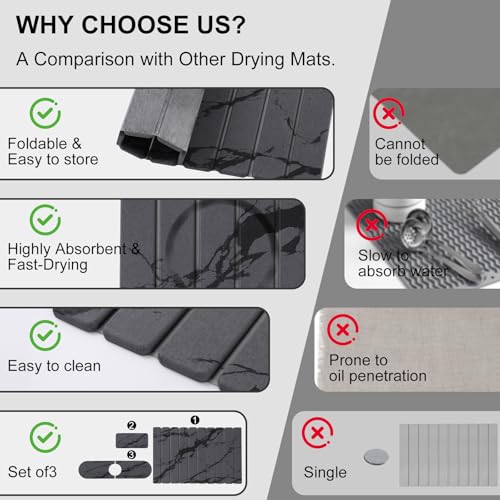 3 PCS Large Stone Dish Drying Mat for Kitchen Counter, Quick Dry Diatomaceous Earth Mat with Sink Faucet Pad, Marble Water Absorbing Stone Drying Mats for Dishes, Bottles and Cups - color: Dark Grey Marble