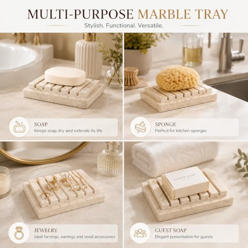 Creative Home Natural Champagne Marble Soap Dish, Beige, 5.2" x 4" | Handcrafted Stone, Non-Slip Base, Spa Collection Accessory, For Bathroom or Kitchen Sink - style: Soap Dish
