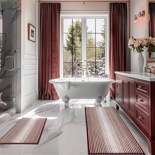 Bathroom Rugs and Mats Sets, 2 Piece Thick Absorbent Chenille Bath Mat Rug Set Non Slip, Soft Shaggy Bath Room Floor Mats for Bathroom, Machine Washable (Burgundy Red, 20" x 47" Plus 16" x 24") - color: Burgundy Red, size: 20" x 47" Plus 16" x 24"