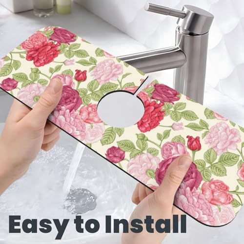 English Rose Flower Floral Pink Red 15" X 5.5" Kitchen Sink Splash Guard Faucet Faucet Guard Draining Mat Sink Splash Guard Faucet Kitchen Bathroom - color: English Rose Flower Floral Pink Red