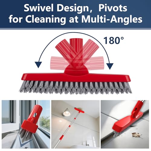 2 Pack Grout Brush with Long Handle, Swivel Cleaning Grout Line Scrubber - Extendable Durable Handle Grout Cleaner Brush for Bathroom,Tile,Baseboard,Walk in Shower,Corner & Narrow Space (Red) - color: Red