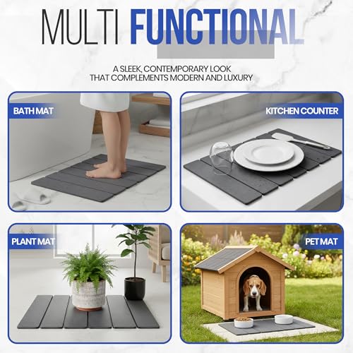 Foldable Diatomaceous Earth Bath Mat, Fast Drying Stone Bathroom Mat, Super Absorbent & Non-Slip, Compact Easy Storage, 23.6 x 15.35 Inch, Grey