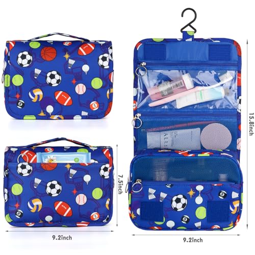 Kids Hanging Toiletry Bag for Boys, Travel Toiletry Bag for Little Young Boys Waterproof Wash Bag Toddler Traveling Toiletries, Soccer Balls Blue - color: Blue-Soccer Balls