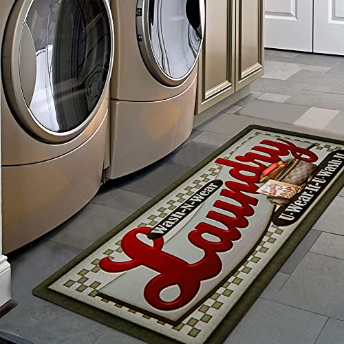 Pauwer Laundry Room Rug Runner 20"x48" Waterproof Rubber Laundry Mat Non Slip Kitchen Mats for Floor Washable Floor Mat Runner Rug for Farmhouse Mudroom Washroom Bathroom Decor - color: Laundry Red, size: 1'8" x 4'