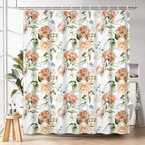Vintage Floral Shower Curtain 74 Inches Long - Peach Rose & Sage Green Botanical Shower Curtain with Rustproof Hooks, Waterproof Fabric Bath Curtain for Modern Farmhouse Bathroom Decor - color: Floral-k