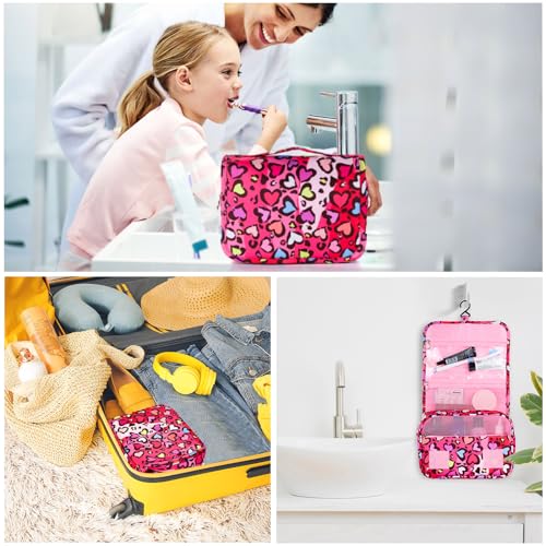 Kids Hanging Toiletry Bag for Girls, Travel Toiletry Bag for Little Young Girls Cosmetic Makeup Waterproof Wash Bag Toddler Traveling Toiletries, Leopard Red - color: Leopard-Red