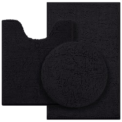 HOMEIDEAS 3 Pieces Black Bathroom Rugs Set, Ultra Soft Non Slip Bath Rug and Absorbent Chenille Bath Mat, Includes U-Shaped Contour Rug, Bath Mat and Toilet Lid Cover, Perfect for Bathroom, Tub - color: Black, size: 20"x32"+U 20"x24"+Cover 18"x21"