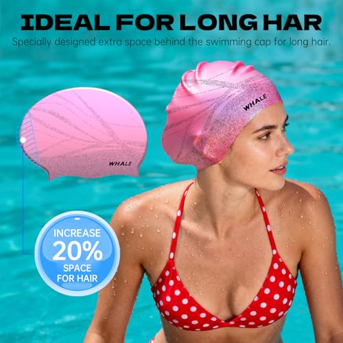 WHALE Extra Large Swim Cap Designed for Men and Women with Thick, Long Hair, Hair Extensions Or Afro-Textured Hair Long-Hair Swim Cap Highly Waterproof to Keep Hair Dry - color: Pink