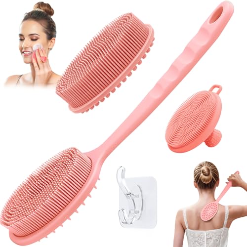 Silicone Face & Back Scrubber Set, Manual Face & Body Scrubber Exfoliator with Soft Bristles and Non-Slip Handle, Back Brush Bath Brush with 2 Detachable Brush Heads(3PCS Pink Set) - color: 3*pink Set