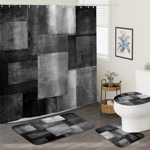 4Pcs Abstract Black Grey Shower Curtain Set, Beige Brown Grey Modern Bathroom Shower Curtain with Rugs and Accessories, with Non-Slip Rugs, Toilet Lid Cover and Bath Mat for Bathroom Decor Set - color: Black Grey