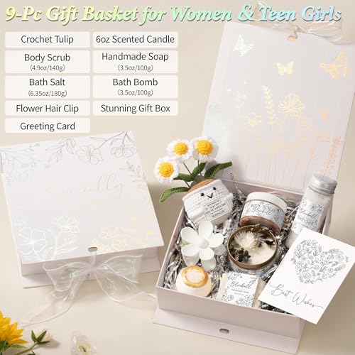 Spa Gifts for Women Bath Gift Set, BlueBell Spa Gift Baskets Home Bath Set Self Care Kit Care Package Thank You Birthday Mothers Day Easter Gifts for Women Her Mom Best Friends Sister Teen Girl Wife - color: White-Bluebell