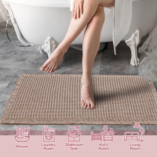 ZALL Tan Waffle Bath Mat,Super Absorbent Non Slip Bathroom Rug,Brown 17x24inch,Machine Washable Ultra Soft Floor Mats - color: Brown, size: 17 x 24 inches(Rectangular)