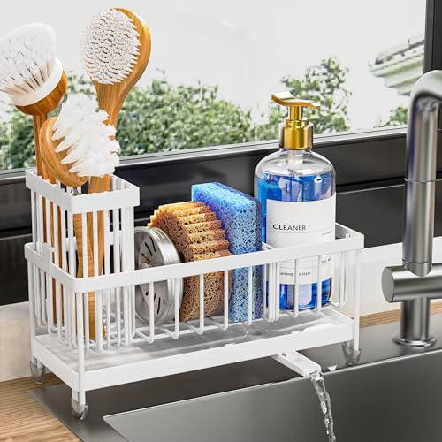 Cisily Sponge Holder for Kitchen Sink, Sink Caddy Organizer with High Brush Holder, Kitchen Countertop Organizers and Storage Essentials, Rustproof 304 Stainless Steel (Cool White, Large) - color: Cool White