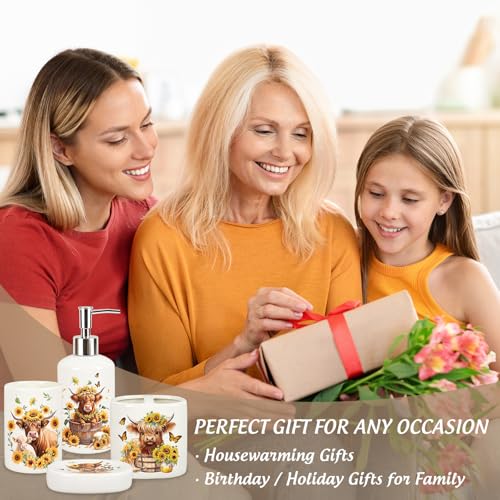 JarThenaAMCS 4Pcs Highland Cow Sunflower Bathroom Accessories Ceramic Liquid Dispenser Toothbrush Holder Tumbler Soap Dish for Summer Home Party Favors Supplies