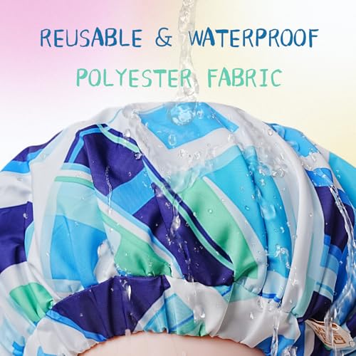 Years Calm Shower Caps for Women Reusable Waterproof, Double-Layer Extra Large Elastic Hair Cap for Shower for Long Hair & Braids, Travel & Home - color: blue