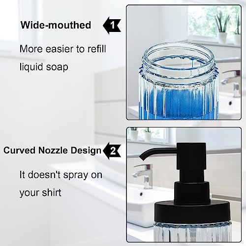 2 Pack Ribbed Clear Glass Soap Dispenser Set, 14.3 OZ Wide Mouth Refillable Hand & Dish Soap Dispensers with Matte Black ABS Pump, 4 Waterproof Labels, Bathroom Countertop & Kitchen Sink - color: Clear-glass