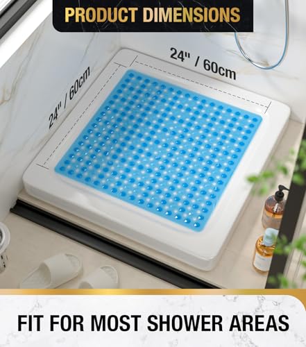 HITSLAM Shower Mat Anti Slip, Square Bath Mat for Tub Non Slip with Suction Cups and Drain Holes, 24x24 Inch Bathroom Shower Stall Floor Mat, Machine Washable, Soft on Feet, Blue - color: Blue, size: 24" x 24" (Square)