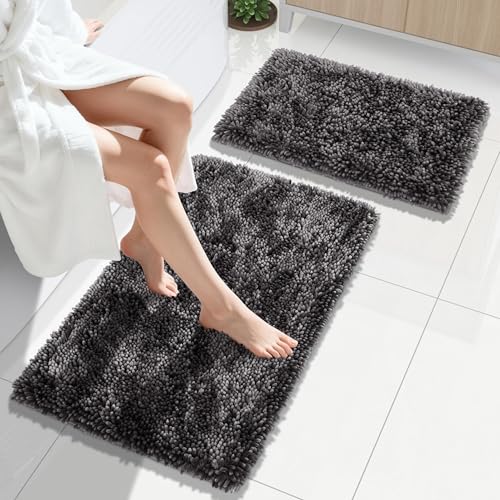 Yimobra Bathroom Rug Set 2 Piece, Luxury Shaggy Bath Mat Set with Non Slip Backing, Ultra Soft & Absorbent Mats for Bathroom Floor, Machine Washable, 31.5"x20"+24"x17", Dark Grey - color: Dark Grey, size: 24x17 + 31.5x20 Inch