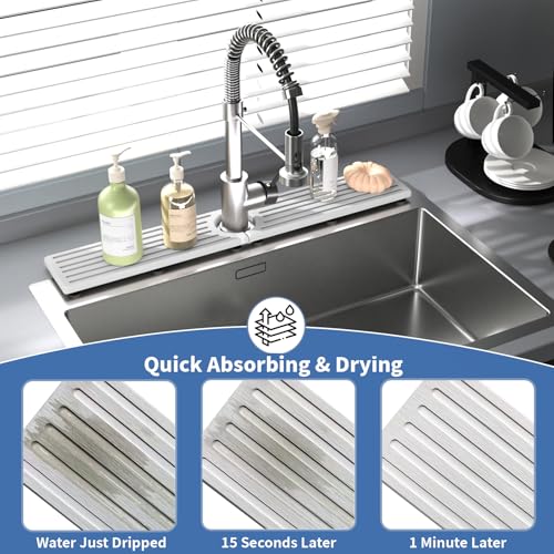 Stone Faucet Mat for Kitchen Sink, Water Absorbing Sink Water Splash Guard, Fast-Drying Kitchen Sink Faucet Mat, Durable Protector and Stone Drying Mat for Kitchen Counter Bathroom Sink - color: White Gray Style 3, size: 23.7" x 4"
