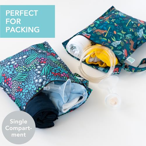 Bumkins Waterproof Wet Bag for Baby, Travel, Swim Suit, Cloth Diapers, Pump Parts, Pool, Beach, Gym Clothes, Toiletry, Hook to Stroller, Daycare, Zipper Reusable Wetdry Packing, 2-pk Jungle and Animal - color: I2 Jungle-2pk, style: Wet Bag