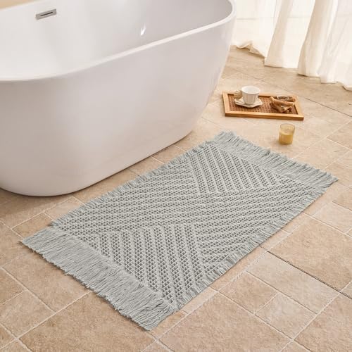 Waffle Bath Mat Non Slip, Boho Bathroom Rug, Super Absorbent Quick Dry Bathroom Mat, Soft Farmhouse Bath Rug with Tassels, Small Washable Shower Mats for Floor 20"x32", Tassels Light Grey - color: Tassels Light Grey, size: 1'8" x 2'8" (Rectangular)