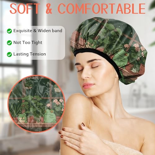 Luxury Shower Cap Terry Lined Reusable Triple Layer Waterproof Hair Elastic Caps Shower Bath Hat for Women Girls Cute Aesthetic-Frog - color: AL18-Frog