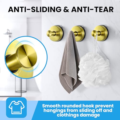 JOMOLA Suction Cup Shower Hooks Bathroom Towel Hooks Suction Hook for Inside Shower Stainless Steel Coat Hooks Wall Mounted,Gold,2PCS - color: Gold
