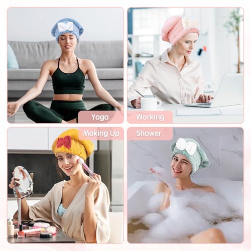 Microfiber Hair Drying Caps, 5-Pack Extra Soft and Ultra Absorbent Fast-Drying Hair Turban Wraps, Shower Caps for Girls and Women with Cute Bowtie Design（11" L x 10" W）