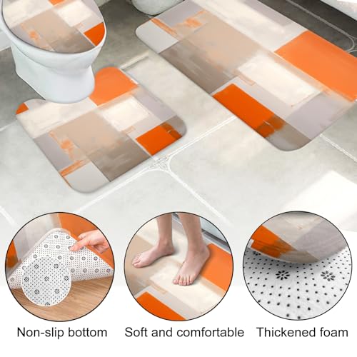 Lnond 4Pcs Bathroom Shower Curtain Sets with Rugs,Orange Brown Painting Art Bathroom Sets with Shower Curtain and Rugs and Accessories - color: Orange Brown White