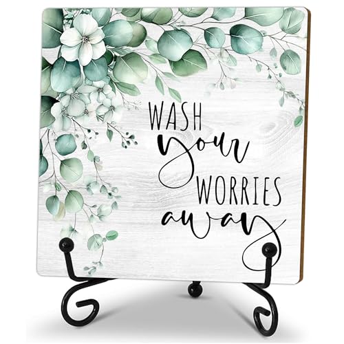 5" Bathroom Decor, Wash Your Worries Away Sign, Sage Green Bathroom Laundry Room Decor, Guest Bathroom Decoration, Farmhouse Home Toilet Bathroom Plaque Sign Table Shelf Decor-A05 - color: Wash Your Worries-05